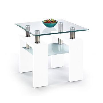 Salontafel Diana H Vierkant Hoogglans Wit 60cm met glazen blad