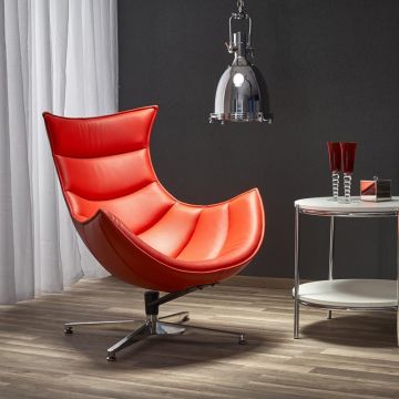 Draaibare LoungeStoel Luxor Rood Leer RVS voet Moderne RelaxFauteuil