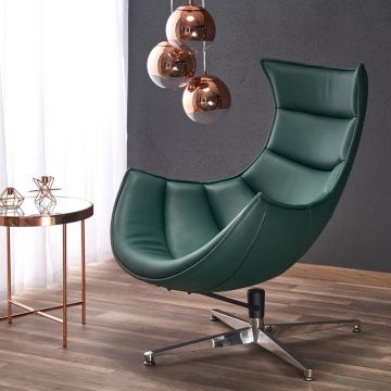 Draaibare LoungeStoel Luxor Groen Leer RVS voet Moderne RelaxFauteuil