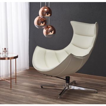 Draaibare LoungeStoel Luxor Wit Leer RVS voet Moderne RelaxFauteuil