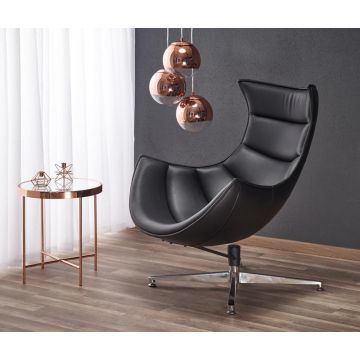 Draaibare LoungeStoel Luxor Zwart Leer RVS voet Moderne RelaxFauteuil