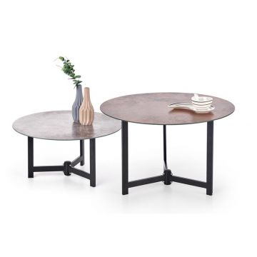 Salontafel 2-delige set Twins Rond Grijs/Bruin betonlook 70/60cm met Zwarte poten