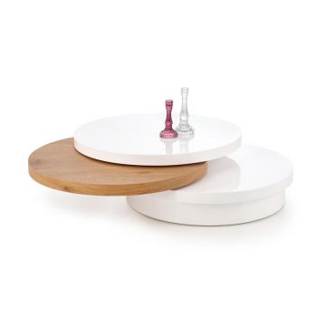 Salontafel Michelle Rond Hoogglans Wit/Bruin Eiken 80cm met draaibare delen