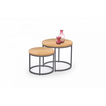 Salontafel 2-delige set Oreo Rond Bruin Goud Eiken 53/43cm met zwart onderstel
