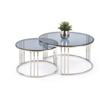 Salontafel 2-delige set Mercury Rond 80/60cm Gerookt Glas met zilveren onderstel