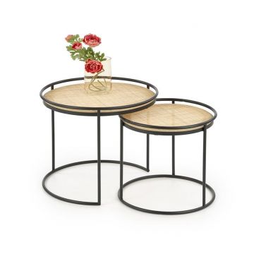 Salontafel 2-delige set Manado Rond Natuurlijk Rotan Bruin 51/41cm met zwart onderstel