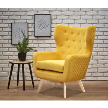 OorFauteuil Marvel Geel Fluweel Velvet met Houten poten