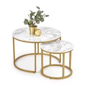 Salontafel 2-delige set Paola Marmer Wit Rond 60/38cm met Gouden onderstel