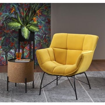 Moderne Fauteuil Belton Geel Fluwelen bekleding met Zwarte Poten