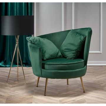 Fauteuil Almond Rond Fluweel Groen met Gouden poten en kussens