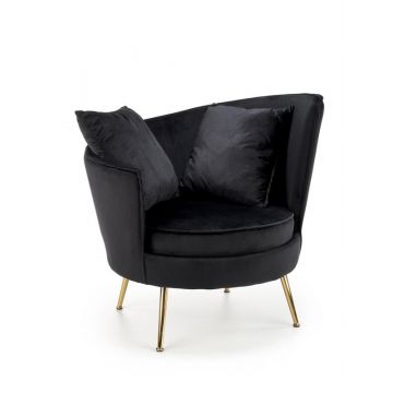 Fauteuil Almond Rond Fluweel Zwart met Gouden poten en kussens