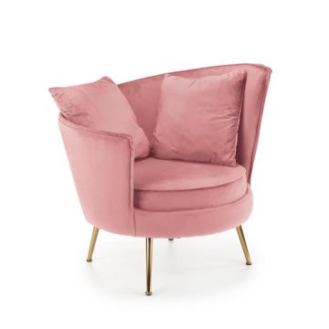 Fauteuil Almond Rond Fluweel Roze met Gouden poten en kussens