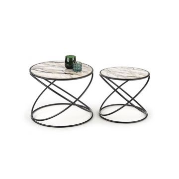 Salontafel 2-delige set Suzanna Rond Marmer Wit 50/40cm met zwart onderstel