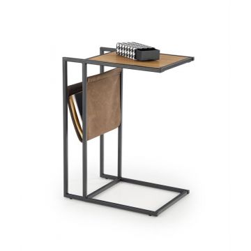 Bijzettafel Compact Eiken Bruin/Zwart 47cm met leren tijdschriftenhouder