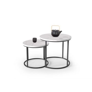 Salontafel 2-delige set Oreo Rond Marmer Wit 53/43cm met zwart onderstel