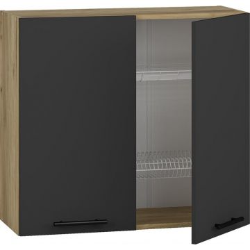 Dubbele bovenkast keuken 80x72cm Antraciet met serviesrek softclose en handgrepen