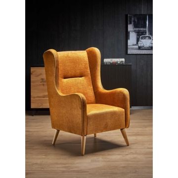 OorFauteuil Chester2 Mosterd Geel/Honing Fluweel Velvet bekleding met Houten poten