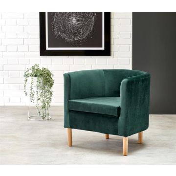 Fauteuil Clubby2 Donker Groen Rond Fluweel Velvet met Houten poten