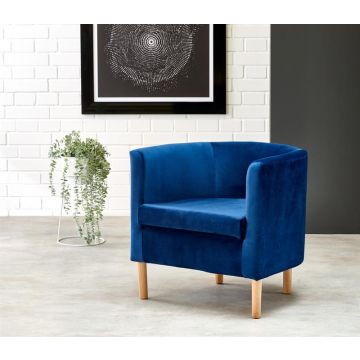 Fauteuil Clubby2 Marine Blauw Rond Fluweel Velvet met Houten poten