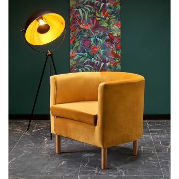 Fauteuil Clubby2 Mosterd Geel Rond Fluweel Velvet met Houten poten