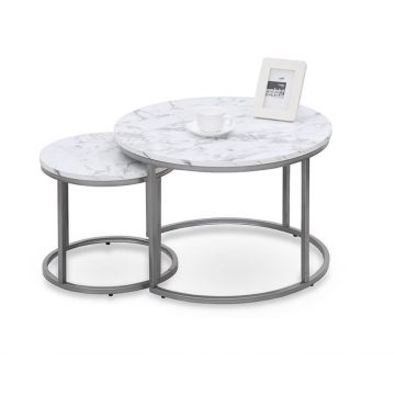 Salontafel 2-delige set Paola Marmer Wit Rond 60/38cm met Zilveren onderstel