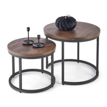 Salontafel 2-delige set Oreo Rond Donker Bruin Walnoot 53/43cm met zwart onderstel
