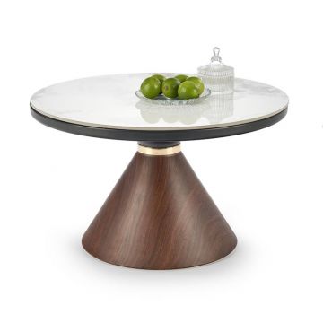 Salontafel Genesis Rond Marmer Wit/Walnoot Bruin 70cm Goud