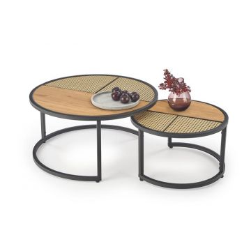 Salontafel 2-delig Garmina Rond Bruin/Zwart 70/50cm met Rotan