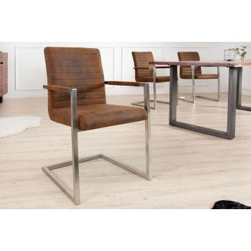 Industriéle Cantileverstoel Loft Vintage Bruine Microvezel met Roestvrijstalen Armleuningen - 37078