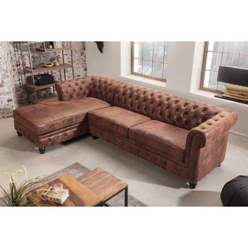 Designer Hoekbank Chesterfield 270cm Antiekbruin Microvezel met Binnenvering en Chaise Longue Links Vintage - 40611