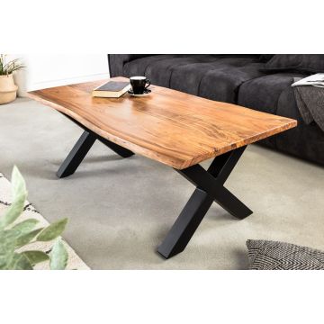 Massief Houten Salontafel Mammut 120cm Acaciahout met Honingkleurige Afwerking X Vormig Frame Zwart 2,5cm Dik Tafelblad - 41654 