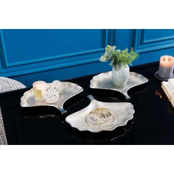 Decoratieve Schalenset van 3 Gingko 30cm Zilver Handgemaakt Metaal - 41780