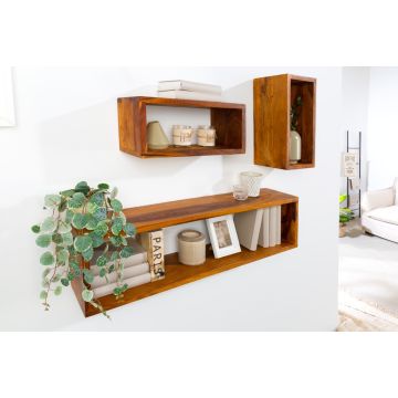 Massieve Wandplank Set van 3 Hemingway 94cm Bruin Sheeshamhout Steenafwerking - 41929