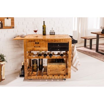 Industriële Barkast Bodega 86cm Serveerwagen van mangohout met Wijnrek en Ophangmechanisme - 42305