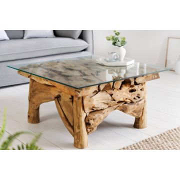 Salontafel Riverside 80cm Massief Teak Hout Glas - 43199-1&19806-2