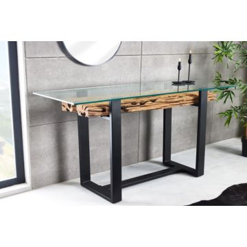 Sidetable Barracuda Zwart 150cm Massief Gerecycled Teak Hout Met Glasplaat - 43343