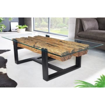 Salontafel Barracuda Zwart 130cm Massief Gerecycled Teak Hout Met Glasplaat - 43344