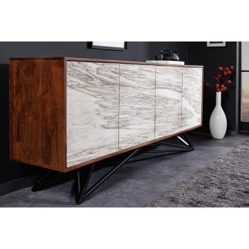 Massief Houten Dressoir Mountain Soul 175cm Echte Natuursteen Wit Acacia Credenza Marmer Design - 43379