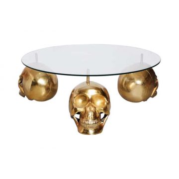 Design Salontafel Skull XXL 90cm Goud Rond Glazen Blad Metalen Schedel Handgemaakt - 43496
