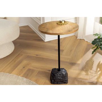 Ronde Bijzettafel Trayful 55cm Naturel Mangohout Massief Hout Marmeren Voet Metaal Zwart - 43499-B
