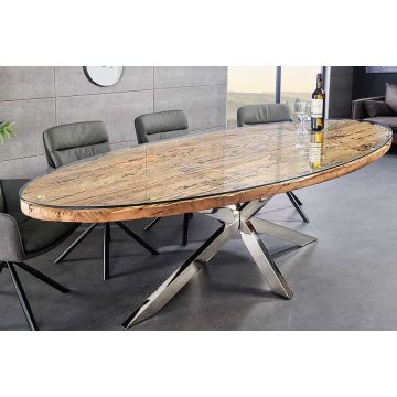 Stevige Eettafel Barracuda 220cm Bruin Teakhout Zilverkleurige Stervoet Glazen Blad - 43626