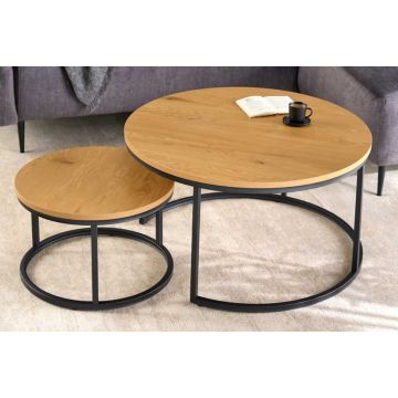 Ronde Salontafels Set van 2 Elegeance 80cm Design van Natuurlijk Wid Eikenhout Zwart Metalen Frame - 43642