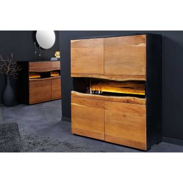 Massief Houten Highboard Grand acacia 120cm Bruin Acaciahout met Led Verlichting en Natuurlijke Rand - 44096