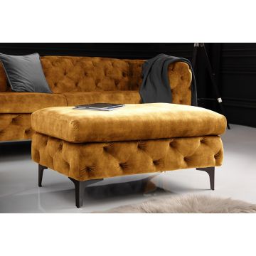 Chesterfield Hocker Modern Barok 90cm Mosterdgele Fluwelen Zitting Kruk Voetenbank - 44395
