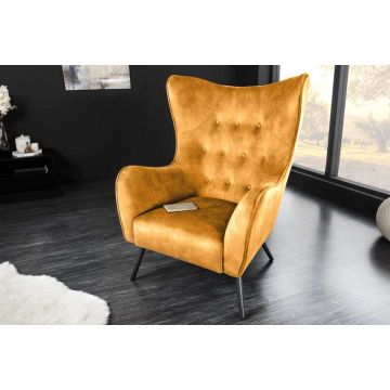Design XL Fauteuil Amsterdam Mosterdgeel Fluweel Zwarte Metalen Poten Retrostijl - 44484