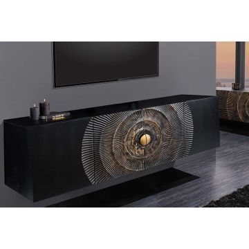 Hangend Dressoir Golden Sunset 180cm Zwart met 3D Gravures Goud Massief Mangohout Handgemaakt - 44525