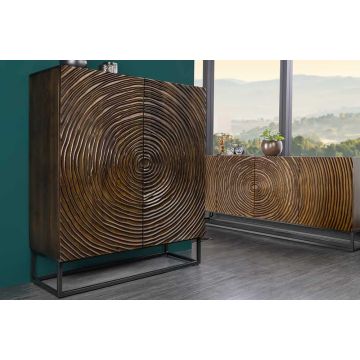 Massief Houten Kast Zen Circles 120cm DonkerBruin Mangohout 3D-Design met Zwart Metalen frame - 44579