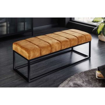 Design Bankje Petit Beaute 110cm Mosterdgeel Fluweel Zwart Metalen Onderstel - 44617
