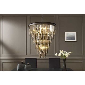 Luxe Kroonluchter Kristal 50cm Grijs met Glazen Prisma's Zwarte Metalen Hanglamp - 44818