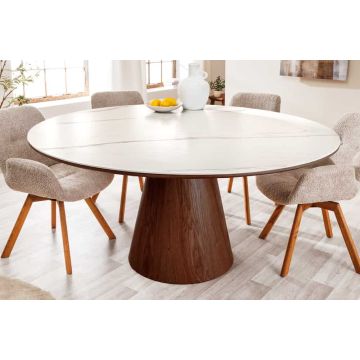 Ronde Eettafel Uniek 120cm Bruin Walnoot Hout Keramische Marmeren Blad - 45144